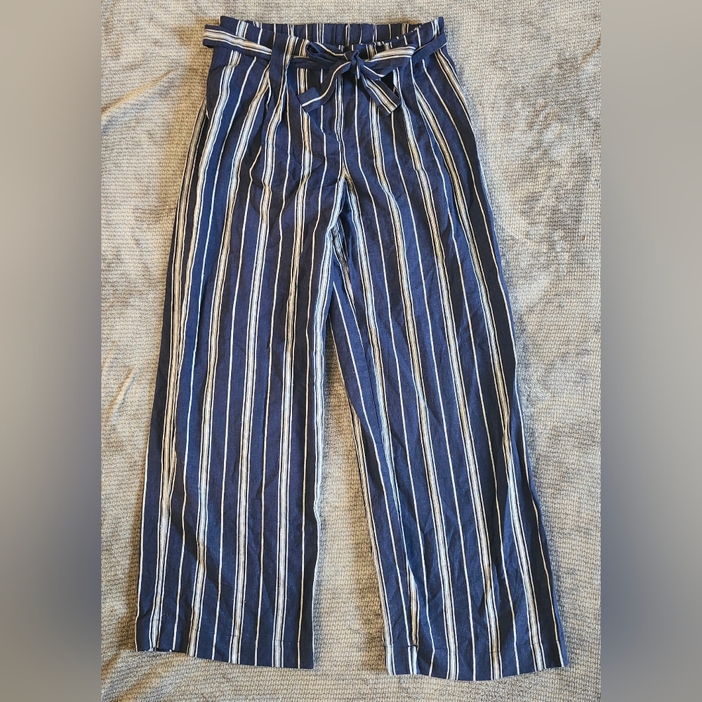 Shelli Segal Linen Blend Pants MED Tie Waist Blue Stripe Nautical Preppy Beach